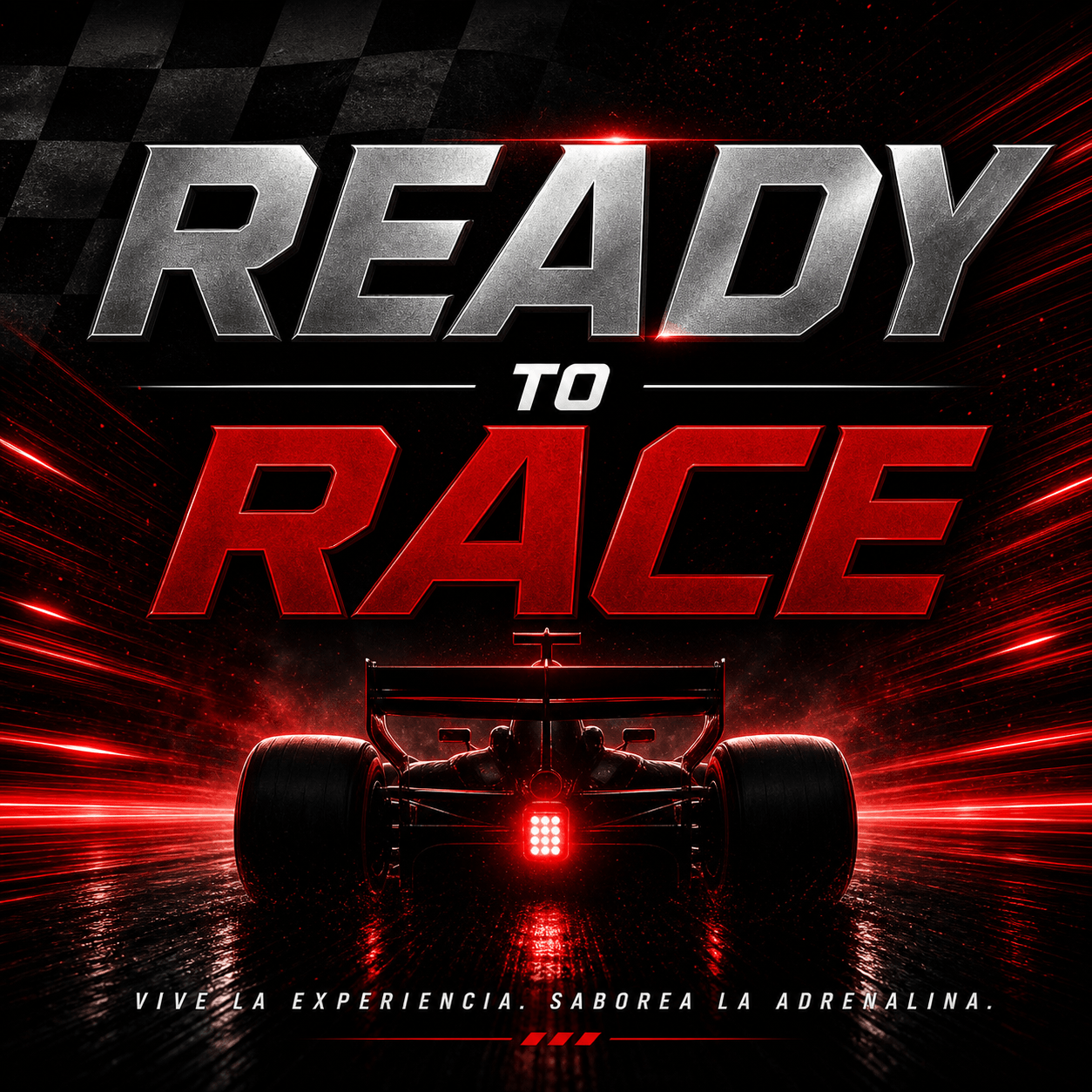 Poster Ready to Race con monoplaza, luces rojas y ambiente de pista.